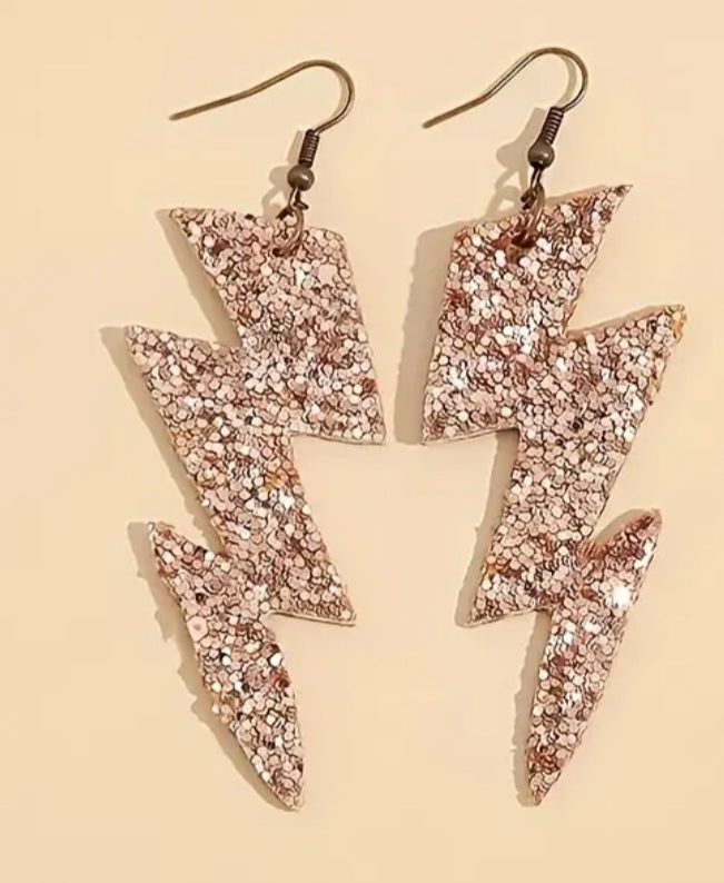 Champagne Sparkle Gold Lightning Bolt PU Vegan Leather Dangle Drop Earrings