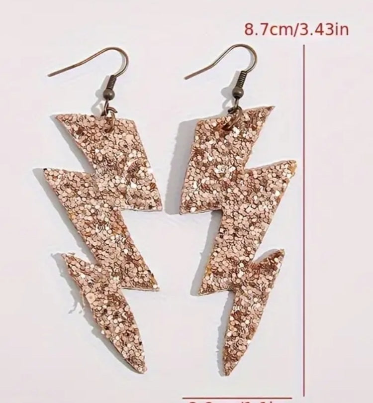 Champagne Sparkle Gold Lightning Bolt PU Vegan Leather Dangle Drop Earrings