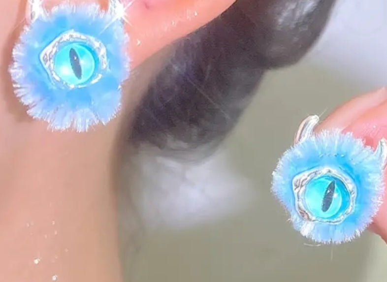 Fluffy Blue Monster Eye Ball Funky Fun Stud Earrings