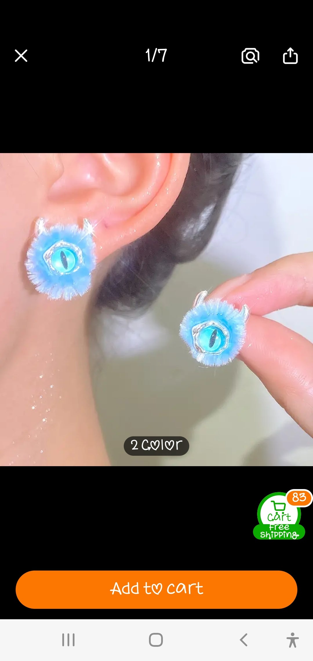 Fluffy Blue Monster Eye Ball Funky Fun Stud Earrings