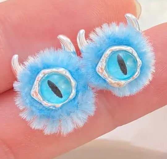 Fluffy Blue Monster Eye Ball Funky Fun Stud Earrings