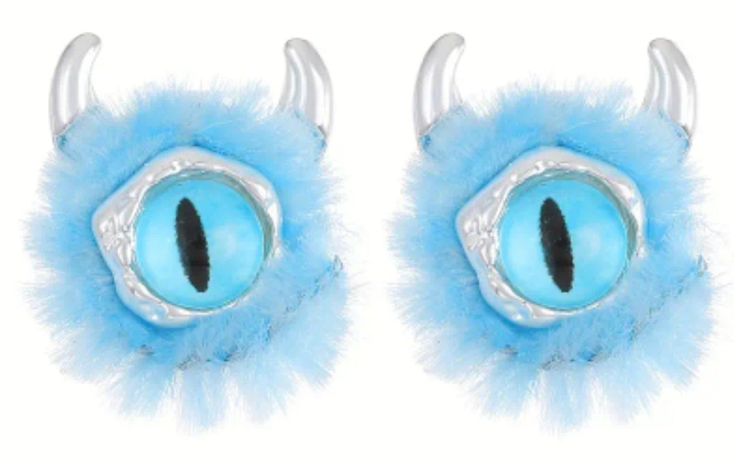 Fluffy Blue Monster Eye Ball Funky Fun Stud Earrings