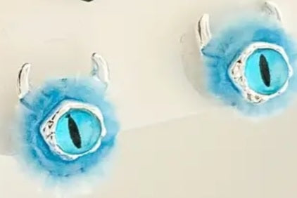 Fluffy Blue Monster Eye Ball Funky Fun Stud Earrings