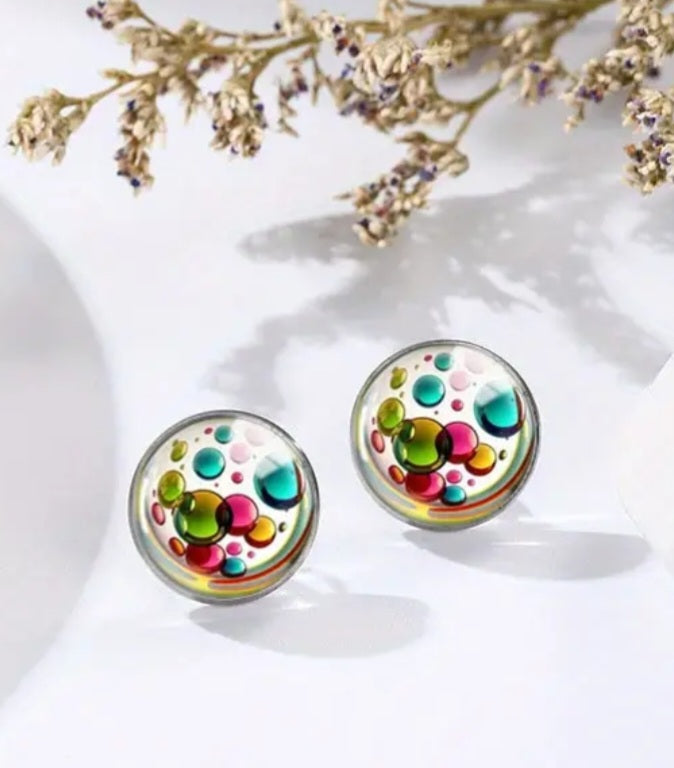 Colourful Bubbles Design Glass Set In Stainless Steel Stud Earrings