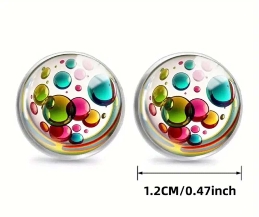 Colourful Bubbles Design Glass Set In Stainless Steel Stud Earrings