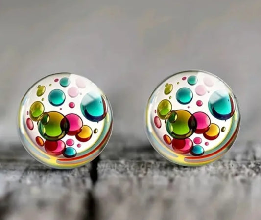 Colourful Bubbles Design Glass Set In Stainless Steel Stud Earrings