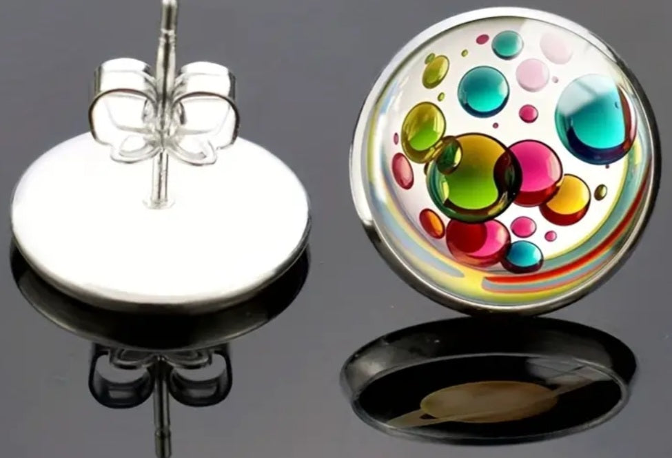 Colourful Bubbles Design Glass Set In Stainless Steel Stud Earrings