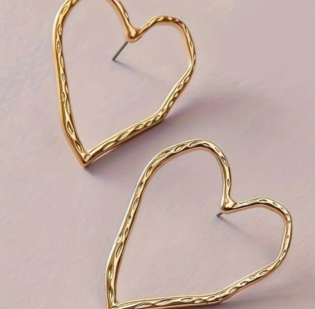 Hammered Metal Gold Plated Large Hollow Heart Stud Earrings