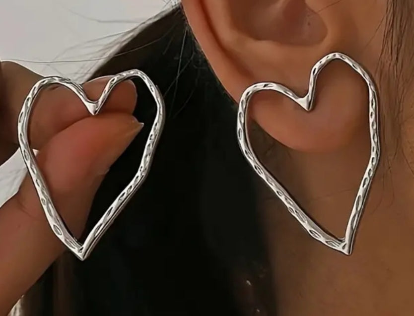 Hammered Metal Silver Plated Large Hollow Heart Stud Earrings