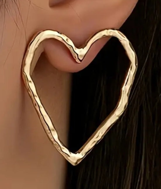 Hammered Metal Gold Plated Large Hollow Heart Stud Earrings