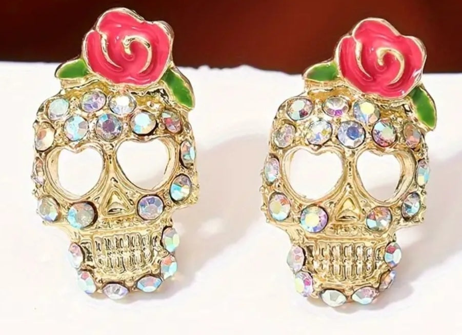 Enamel Rhinestones Gold Plated Small Sugar Skull Rose Stud Earrings