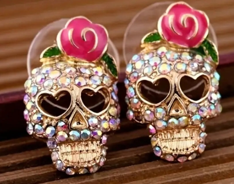 Enamel Rhinestones Gold Plated Small Sugar Skull Rose Stud Earrings