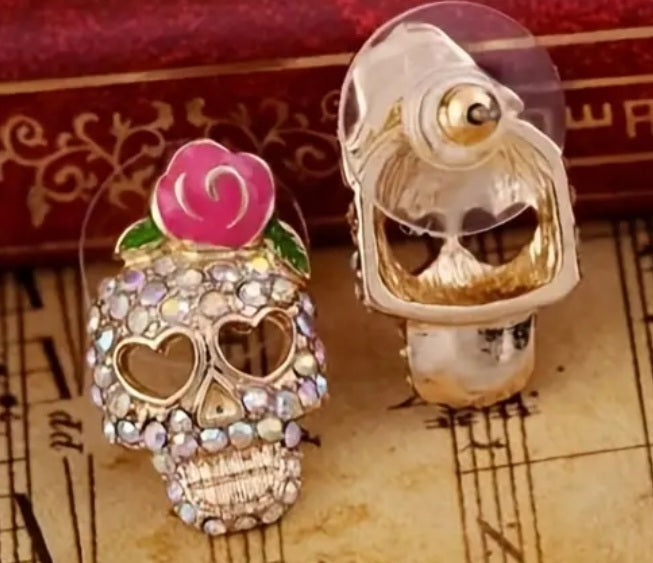 Enamel Rhinestones Gold Plated Small Sugar Skull Rose Stud Earrings