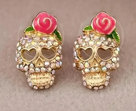 Enamel Rhinestones Gold Plated Small Sugar Skull Rose Stud Earrings