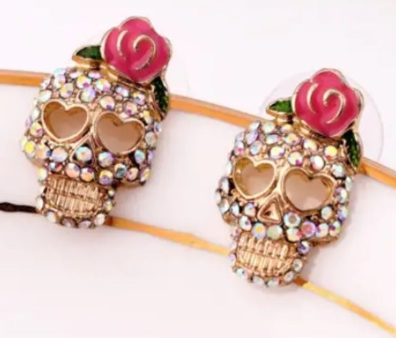 Enamel Rhinestones Gold Plated Small Sugar Skull Rose Stud Earrings