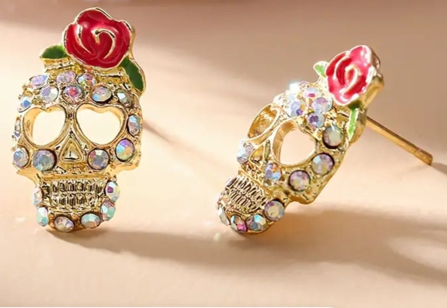 Enamel Rhinestones Gold Plated Small Sugar Skull Rose Stud Earrings