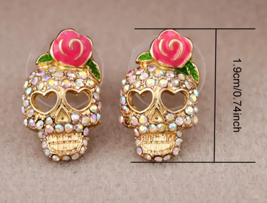 Enamel Rhinestones Gold Plated Small Sugar Skull Rose Stud Earrings