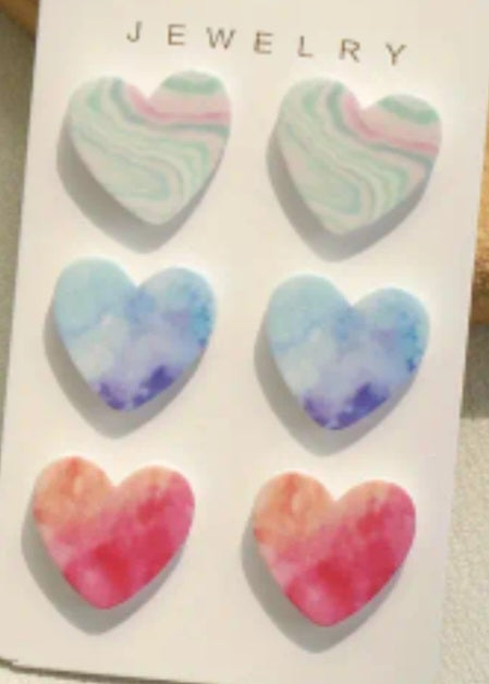 Acrylic Heart Stud Earrings Swirl Marble Look Heart Design Set Of 3