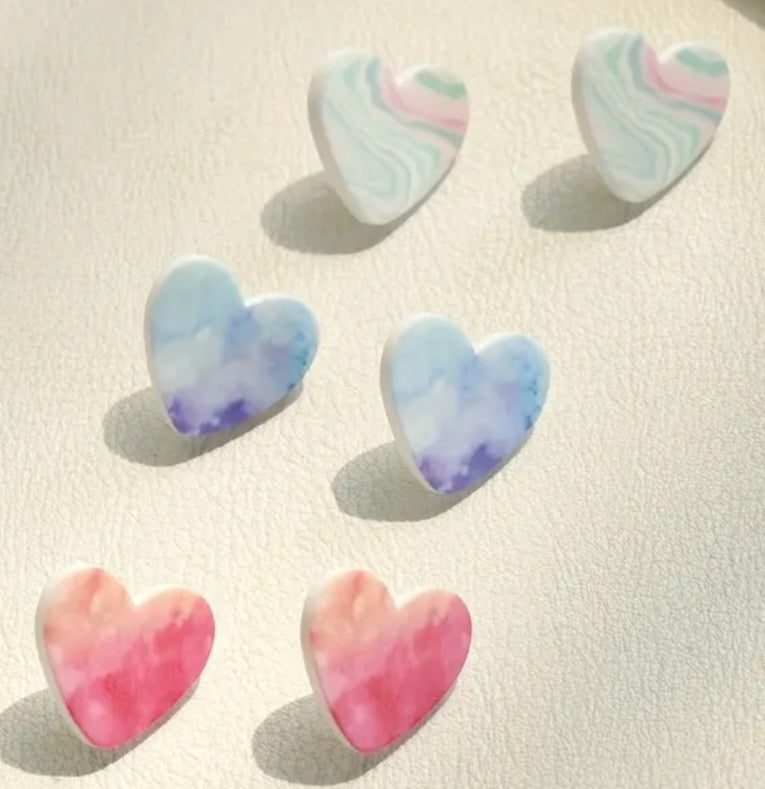 Acrylic Heart Stud Earrings Swirl Marble Look Heart Design Set Of 3