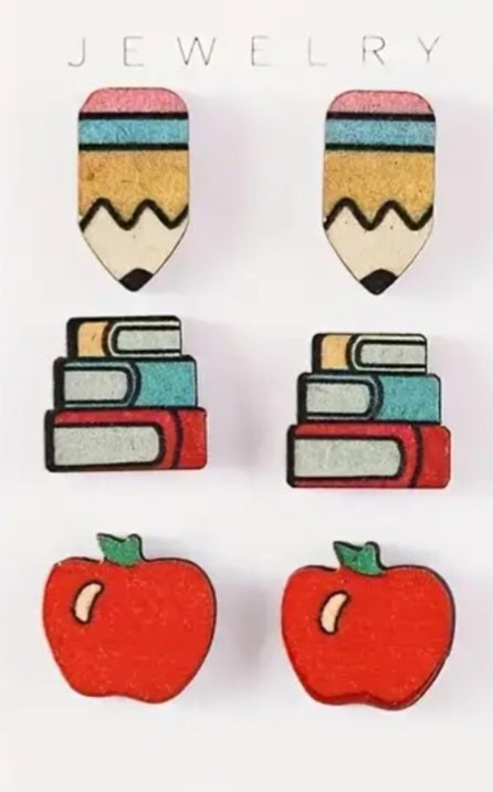 Apple Books Pencil Wooden Stud Earrings Set Of 3