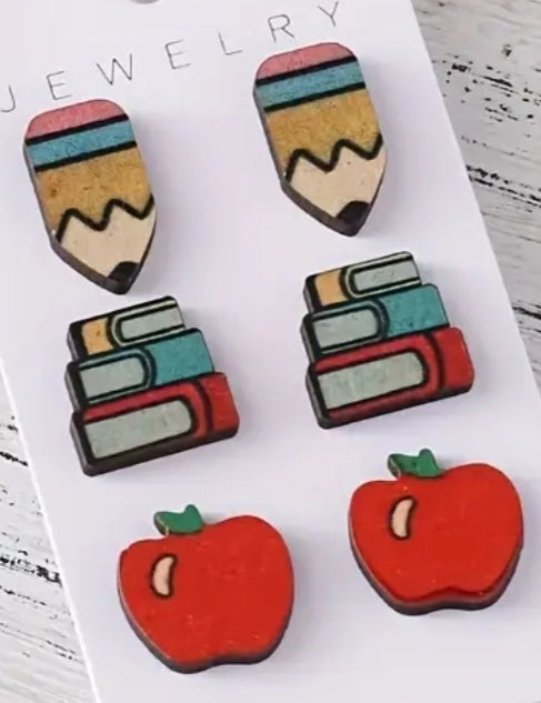 Apple Books Pencil Wooden Stud Earrings Set Of 3