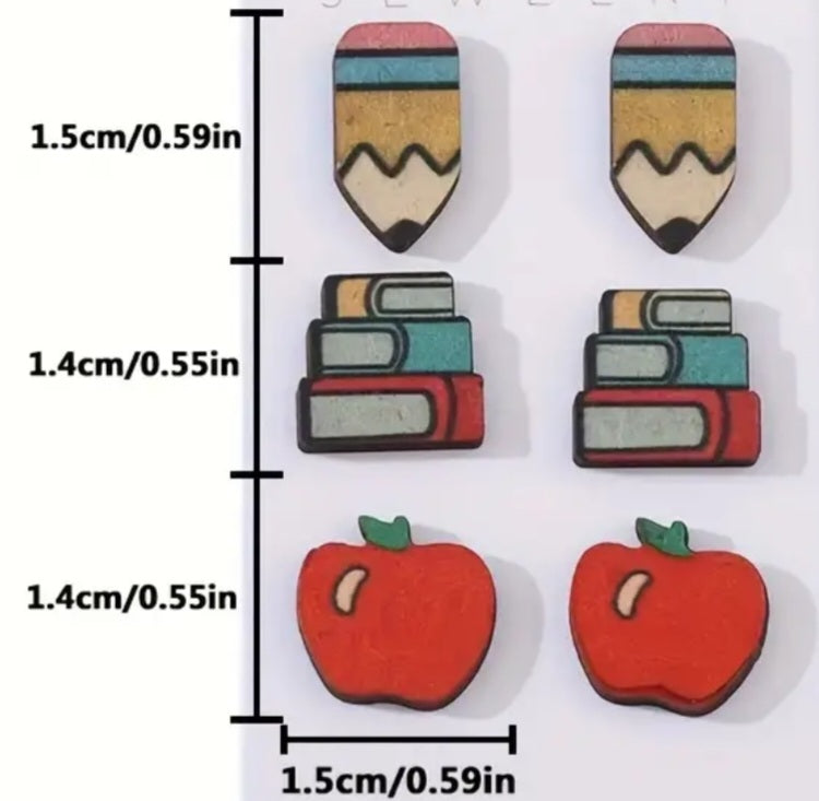 Apple Books Pencil Wooden Stud Earrings Set Of 3