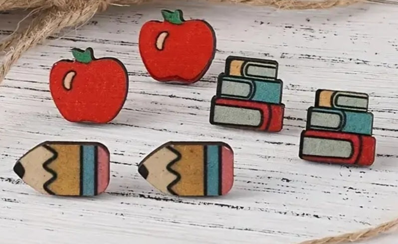 Apple Books Pencil Wooden Stud Earrings Set Of 3