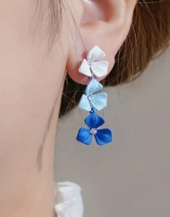 Dainty Small Painted Gradient Blue White Flowers Metal Rhinestone Accent Drop Dangle Earrings