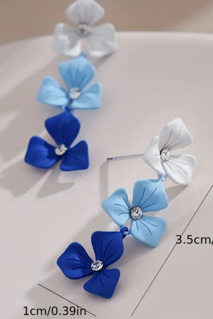 Dainty Small Painted Gradient Blue White Flowers Metal Rhinestone Accent Drop Dangle Earrings