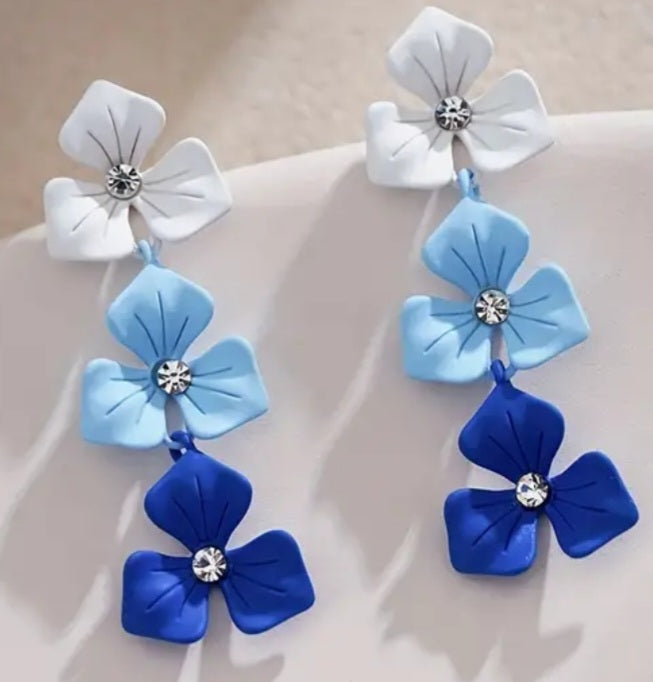 Dainty Small Painted Gradient Blue White Flowers Metal Rhinestone Accent Drop Dangle Earrings