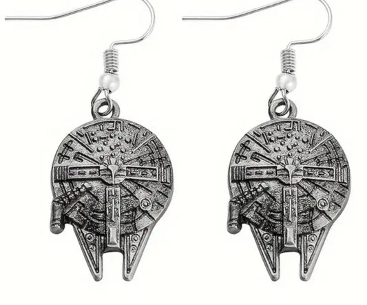 Antique Silver Plated Metal Star Wars Inspired Millennium Falcon Spaceship Design Drop Earrings