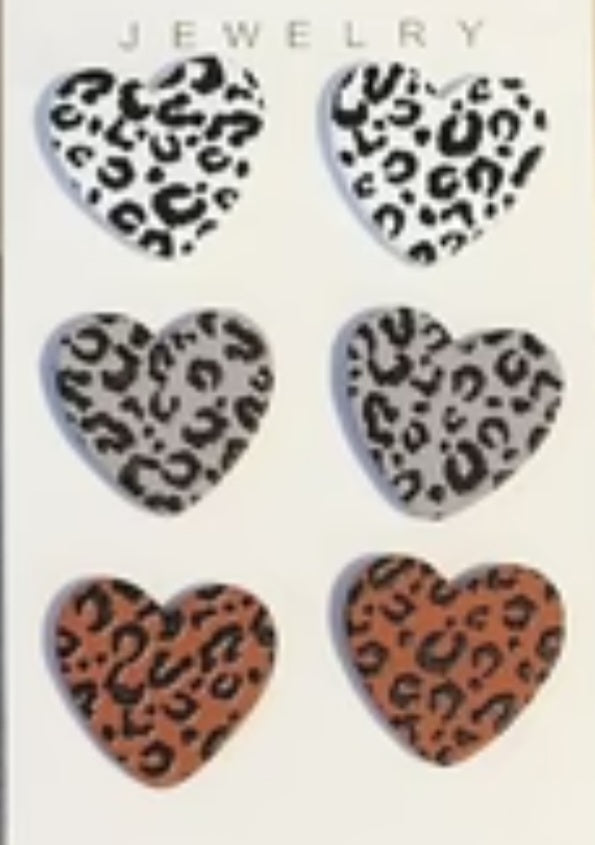 Acrylic Heart Stud Earrings Leopard  Print Design Set Of 3