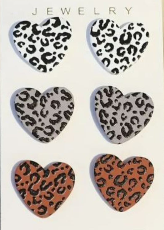 Acrylic Heart Stud Earrings Leopard  Print Design Set Of 3