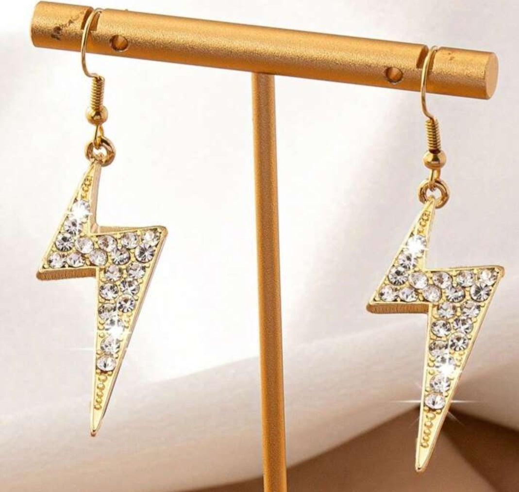 Bling Flashy Gold Plated Rhinestone Inlayed Lightning Bolt Drop Dangle Earrings