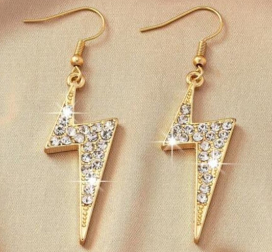 Bling Flashy Gold Plated Rhinestone Inlayed Lightning Bolt Drop Dangle Earrings