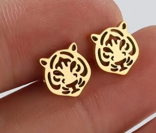 Lazer Cut Lightweight Small Gold Plated Tiger Head Stud Earrings