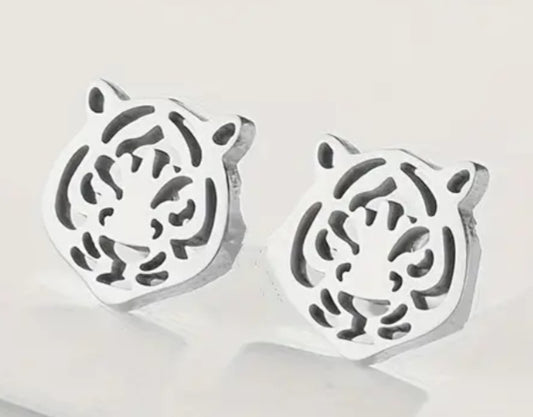 Lazer Cut Lightweight Small Silver Plated Tiger Head Stud Earrings