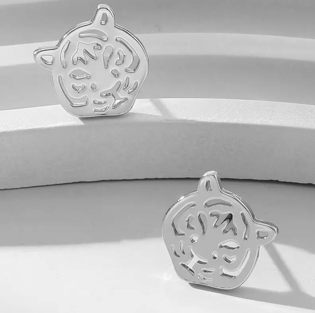 Lazer Cut Lightweight Small Silver Plated Tiger Head Stud Earrings