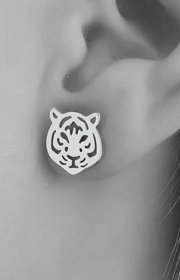 Lazer Cut Lightweight Small Silver Plated Tiger Head Stud Earrings