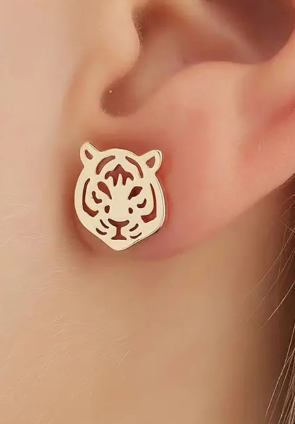 Lazer Cut Lightweight Small Gold Plated Tiger Head Stud Earrings