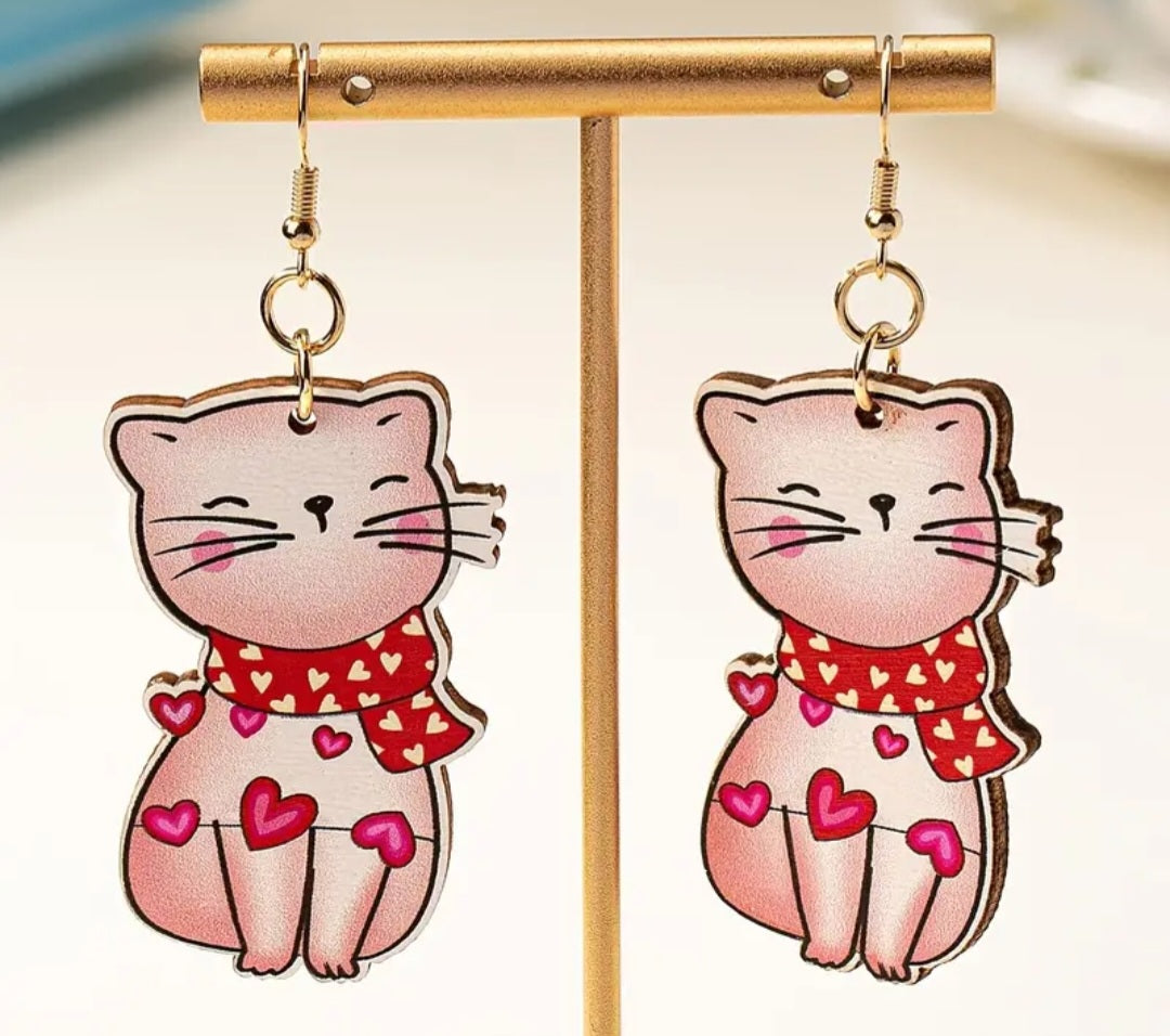 Cute Pink Kitten Cat With Hearts Wooden Drop Dangle Earrings