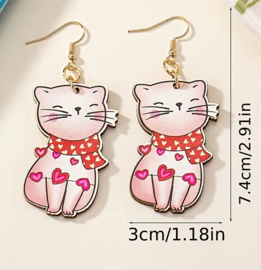 Cute Pink Kitten Cat With Hearts Wooden Drop Dangle Earrings