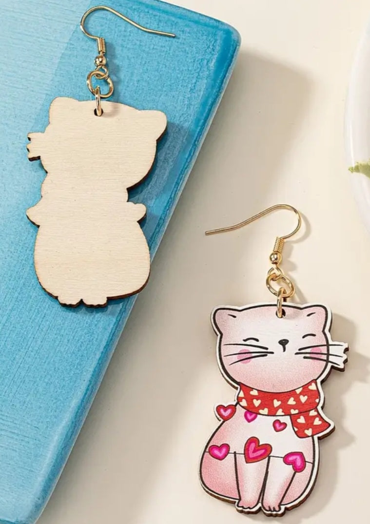 Cute Pink Kitten Cat With Hearts Wooden Drop Dangle Earrings