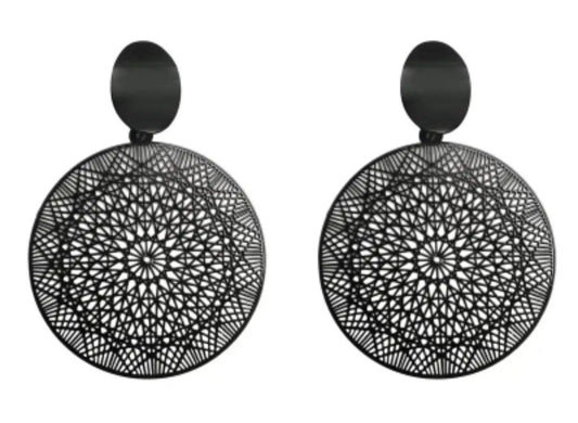 Black Large Lightweight Thin Metal Circle Pattern Design Drop Earrings