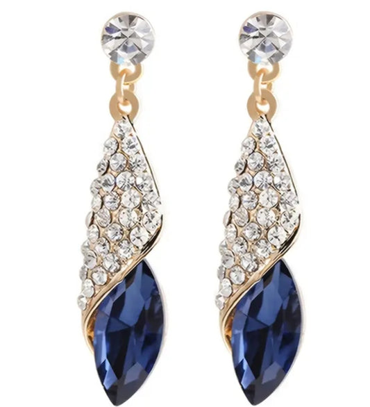 Blue Tear Drop Rhinestine Gold Plated Elegant Drop Dangle Earrings