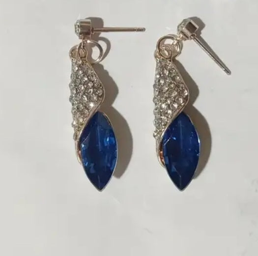 Blue Tear Drop Rhinestine Gold Plated Elegant Drop Dangle Earrings