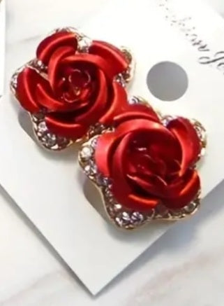 Enamel Gold Plated Rhinestine Red Rose Small Metal Stud Earrings