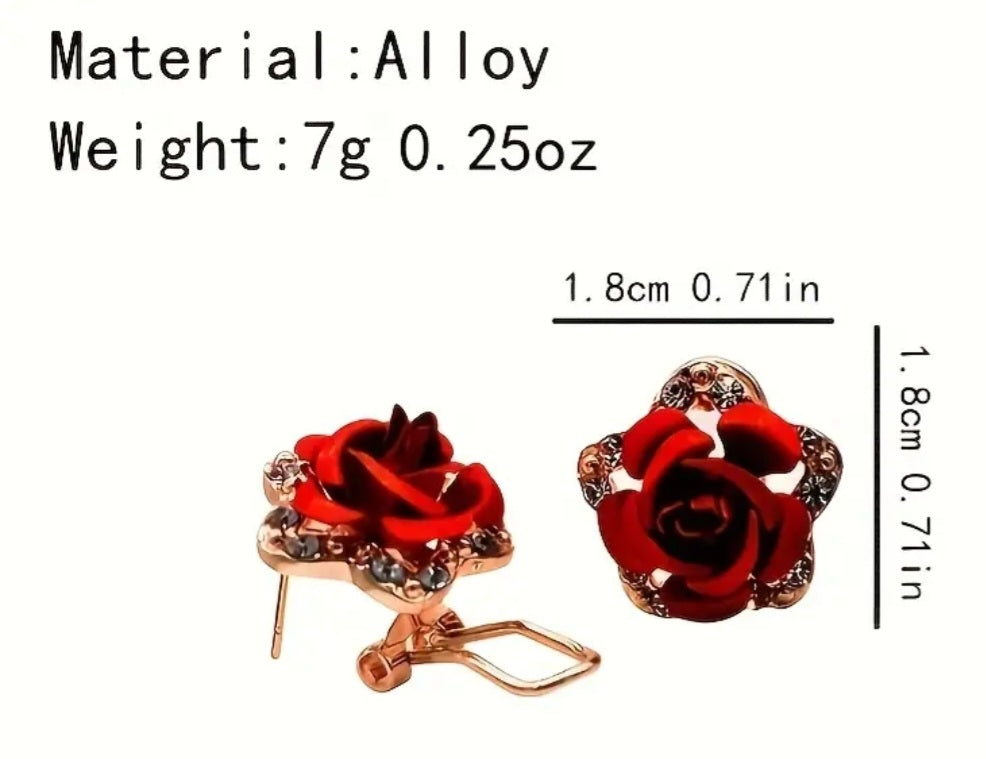 Enamel Gold Plated Rhinestine Red Rose Small Metal Stud Earrings