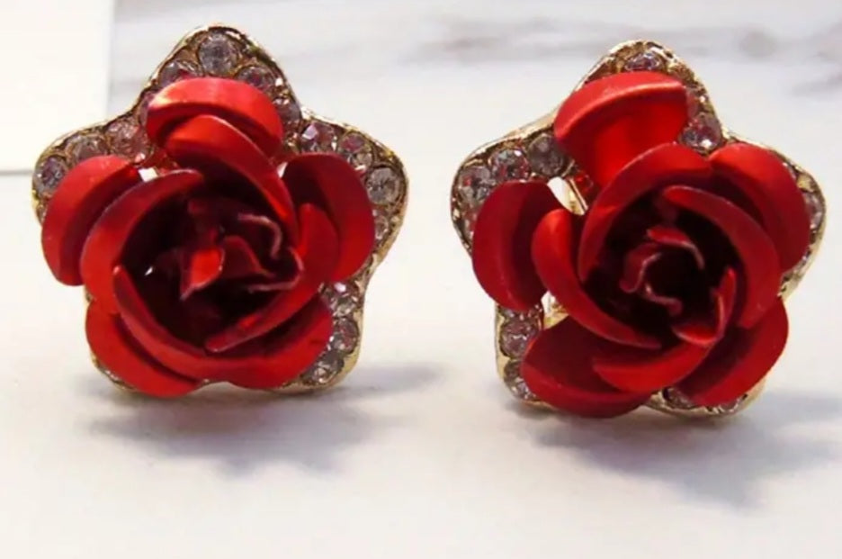 Enamel Gold Plated Rhinestine Red Rose Small Metal Stud Earrings