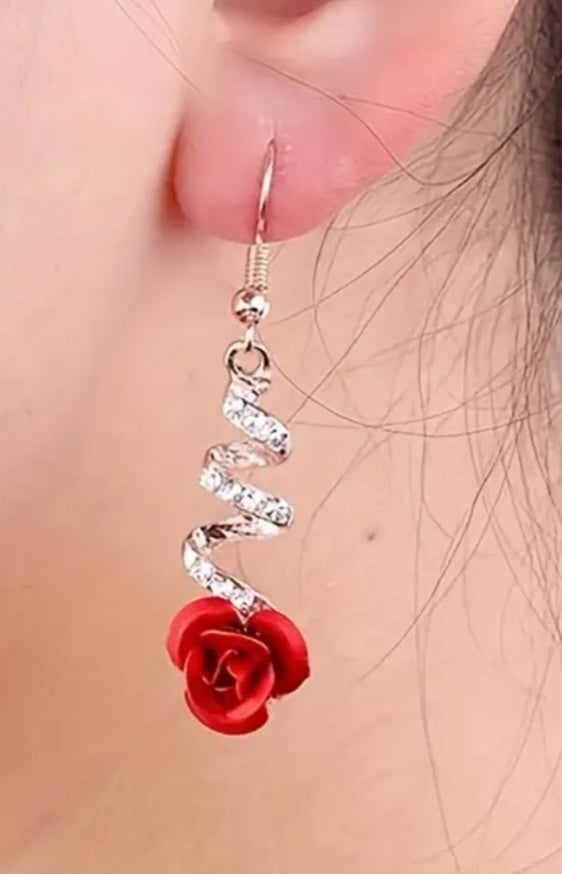 Exquisite Spiral Gold Plated Rhinestone Red Rose Drop Earrings